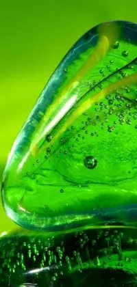 This phone live wallpaper features a stunning macro photograph of a glass object with colourful slime swirling inside, set against a vibrant green background