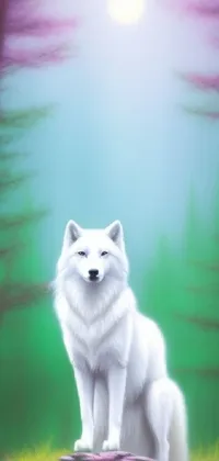 Looking for a beautiful and serene live wallpaper for your phone? Look no further than this digital painting of a white wolf in a forest! This dreamy illustration features simple shading and no visible lines, creating a mystic and ethereal feel that's perfect for adding some peace and tranquility to your phone