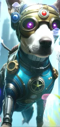 This phone live wallpaper features a furry cyber steampunk dog against a lush green field