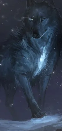 This live wallpaper depicts a black wolf standing on snow, rendered in furry anthropomorphic dog-like form with detail on its injuries