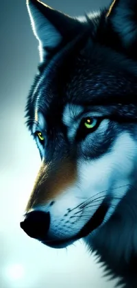 This stunning phone live wallpaper features a realistic, airbrushed image of a wolf's face up close