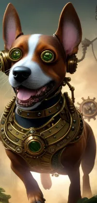This lively 3D animated phone wallpaper showcases a furry corgi standing on a dirt background with steampunk elements, providing a unique and futuristic look