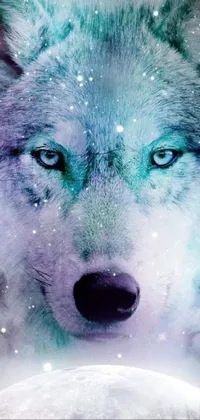 This phone live wallpaper showcases an intricately designed wolf in a vibrant and psychedelic artistic style set against a hauntingly beautiful moonlit sky