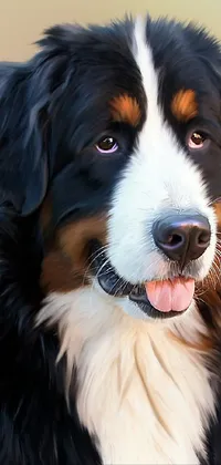 This phone live wallpaper showcases a close-up of a dog's face with a digital painting background
