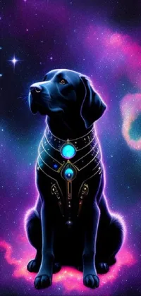 This phone live wallpaper showcases a stunning digital art image of a black dog sitting against a galaxy background