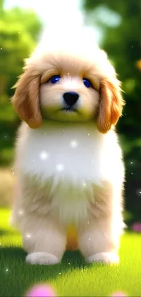 This lively live wallpaper features a colorful, digitally rendered toy breed dog standing in a grassy field