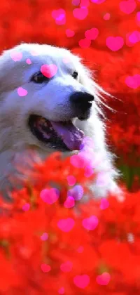 This phone live wallpaper showcases a delightful scene featuring a fluffy white dog relaxing in a captivating field of vivid red flowers