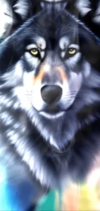 This phone live wallpaper features a stunning close-up of a wolf painted using airbrush techniques