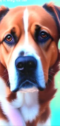 This stunning live phone wallpaper features a lifelike digital painting of a brown and white dog