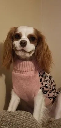 This lovely live phone wallpaper features a charming brown and white Cavalier King Charles Spaniel wearing a darling pink sweater