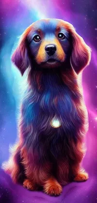This live wallpaper for phone features an adorable pup sitting atop a purple and blue background