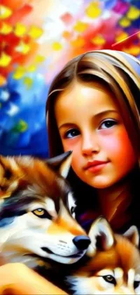 This mesmerizing live wallpaper depicts a stunning airbrush painting of a charming little girl surrounded by two adorable dogs