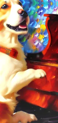 This colorful live wallpaper features a delightful scene of a furry dog sitting at a classic piano