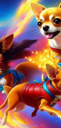 This phone live wallpaper showcases a group of dogs flying through the air, with a corgi made of fire at the center