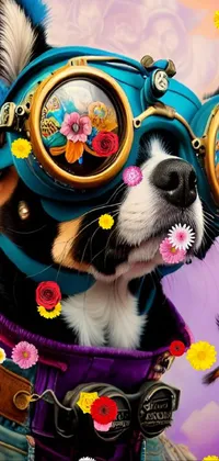 This stunning phone live wallpaper features a beautiful furry art design of a corgi wearing adorable goggles and a colorful sci-fi inspired steampunk background