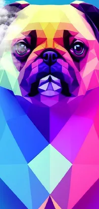 This phone live wallpaper features a digital art style of a pug's face on a colorful background composed of dithered gradients