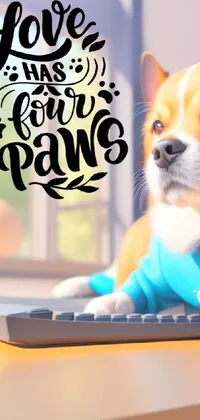 This mobile live wallpaper showcases an adorable dog perched on a computer keyboard