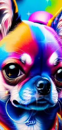 This live phone wallpaper is a close-up of a vibrant graffiti art painting of a chihuahua dog