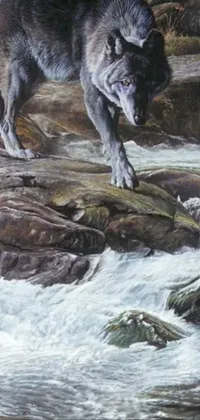 This live wallpaper features a photorealistic painting of a wolf standing on a rock in a river