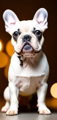 Get ready to add a dose of cuteness to your phone screen with this live wallpaper featuring a lovable white French bulldog sitting on a table