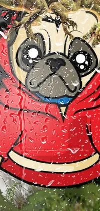 This charming phone live wallpaper features a paper cut-out style drawing of a pug wearing a red hoodie