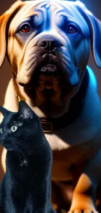 This phone live wallpaper showcases a delightful, photorealistic image of a calm cat and dog seated comfortably beside each other