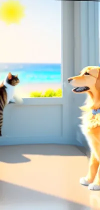 Get lost in the realistic beauty of this phone live wallpaper featuring a charming dog and cat duo sitting in front of a sunlit beach window