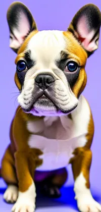 This cute phone live wallpaper features a brown and white French bulldog sitting on a purple surface with a pop art aesthetic