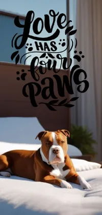 This phone live wallpaper features a brown and white dog resting on a bed against an urban-graffiti style background