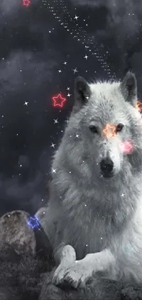 This stunning live wallpaper features a realistic white wolf resting on a rugged pile of rocks