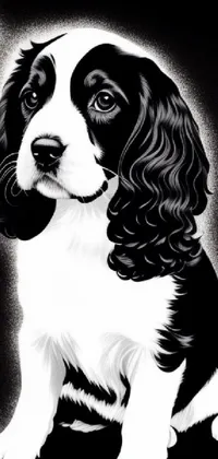 This stunning phone live wallpaper features a beautifully rendered black and white dog on a sleek black background