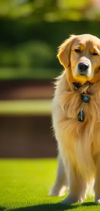 Introducing a stunning live wallpaper featuring a brown dog standing on a lush green field