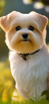 This live wallpaper depicts a small white Havanese dog on a lush green field
