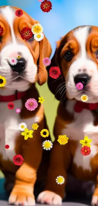 Looking for an enchanting wallpaper for your phone? Check out this adorable phone live wallpaper featuring two brown and white puppies relaxing outside on a sunny day