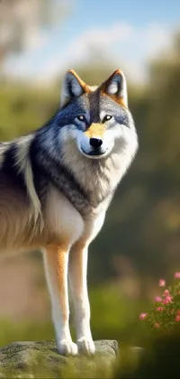 This stunning phone live wallpaper features a realistic digital painting of a wolf standing on a rock