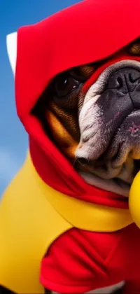 This live wallpaper features a close up of a dog holding a frisbee in its mouth, surrounded by bright and bold colors such as red and yellow