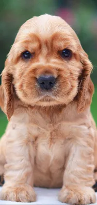 This live wallpaper for your phone features an adorable brown puppy sitting on a white table