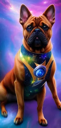 This live wallpaper portrays a digital painting of a space-suited dog, complete with  glowing runes on its body, set against a stunning airbrushed background with stars and planets