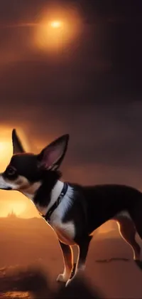 This stunning live wallpaper showcases a chihuahua perched on a rock formation with a mesmerizing digital sunset in the background