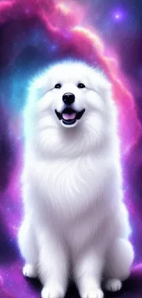 Looking for a cute and eye-catching live wallpaper for your phone? Check out this furry white dog sitting on a vibrant purple and blue galaxy