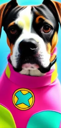 This mobile live wallpaper features a close-up of a dog in a colorful pop-art costume with a bodybuilder superhero bikini