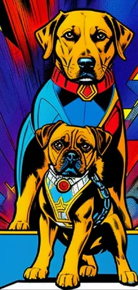 This phone live wallpaper features two dogs riding a skateboard in a vibrant and detailed pop art style