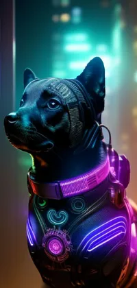 This phone live wallpaper features a stunning cyberpunk art design of a dog wearing a futuristic costume that will add a touch of sci-fi glam to your phone's home screen