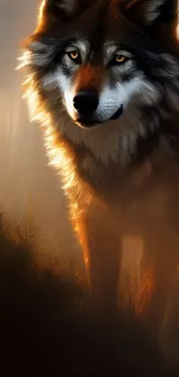 This phone live wallpaper features a striking wolf standing in the grass in a fantasy-inspired scene
