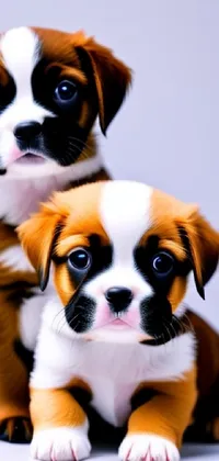 This live wallpaper features two brown and white puppies sitting on a grassy field against a blue sky background