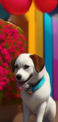 This live wallpaper features a delightful image of a white dog with a blue collar sitting in front of a potted plant