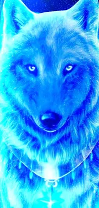 This wolf live wallpaper showcases a close-up shot of a majestic wolf against a blue holographic background