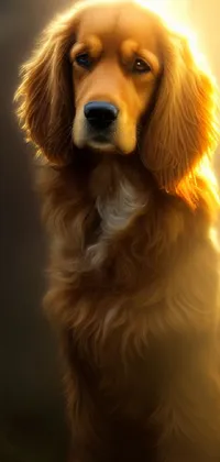 This live wallpaper features a digital painting of a brown dog sitting on a lush green field, with a golden aura and beautiful golden hour lighting
