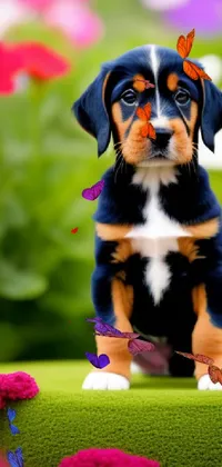 This live wallpaper showcases a cute black and brown puppy sitting prettily on a verdant field of flowers