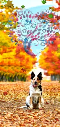 This stunning phone live wallpaper depicts a charming dog sitting in a pile of leaves
